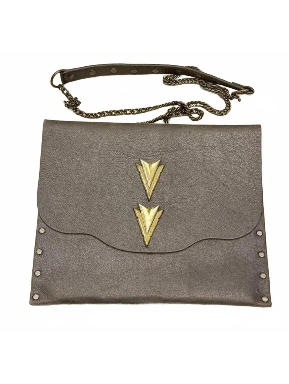 Vintage‎ Gray Leather Studded Clutch with Gold Chevron Accents